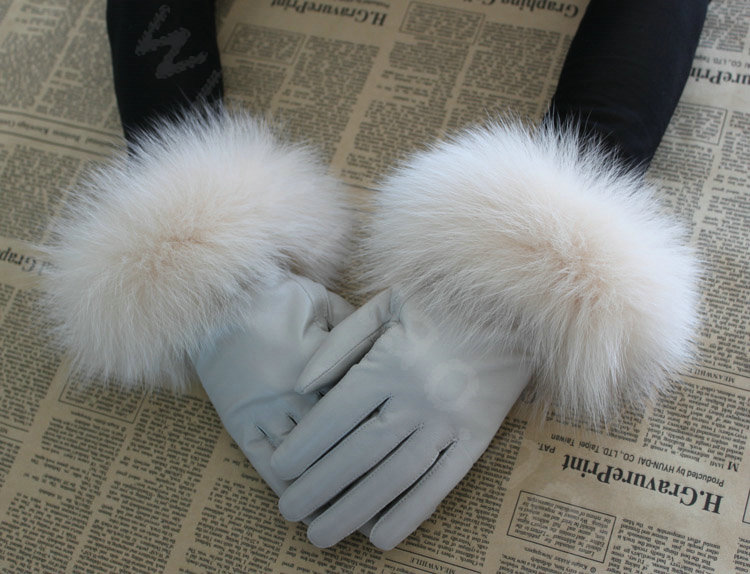 Fashion women winter warm thick fox fur cuff genuine sheepskin leather Gloves size L - Beige