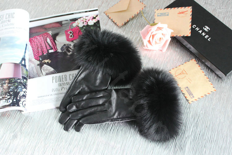 Fashion women winter warm thick fox fur cuff genuine sheepskin leather Gloves size M - Black