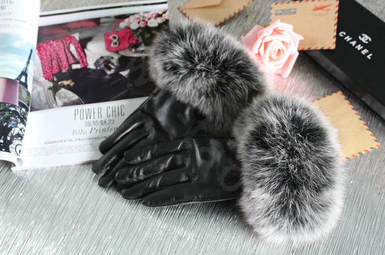 Fashion women winter warm thick fox fur cuff genuine sheepskin leather Gloves size M - Black