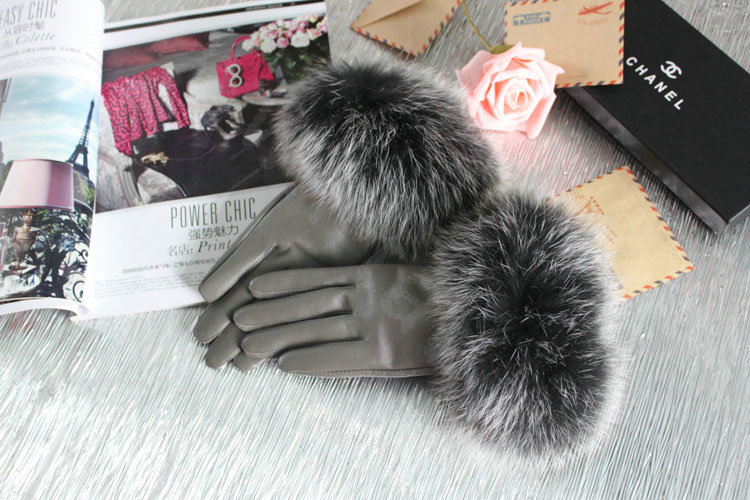 Fashion women winter warm thick fox fur cuff genuine sheepskin leather Gloves size M - Grey