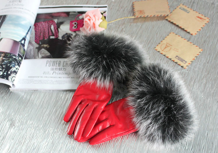 Fashion women winter warm thick fox fur cuff genuine sheepskin leather Gloves size L - Red