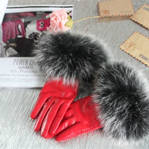 Fashion women winter warm thick fox fur cuff genuine sheepskin leather Gloves size S - Red