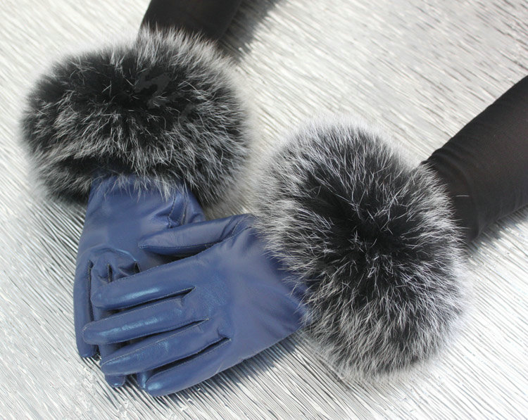 Fashion women winter warm thick fox fur cuff genuine sheepskin leather Gloves size M - Violet