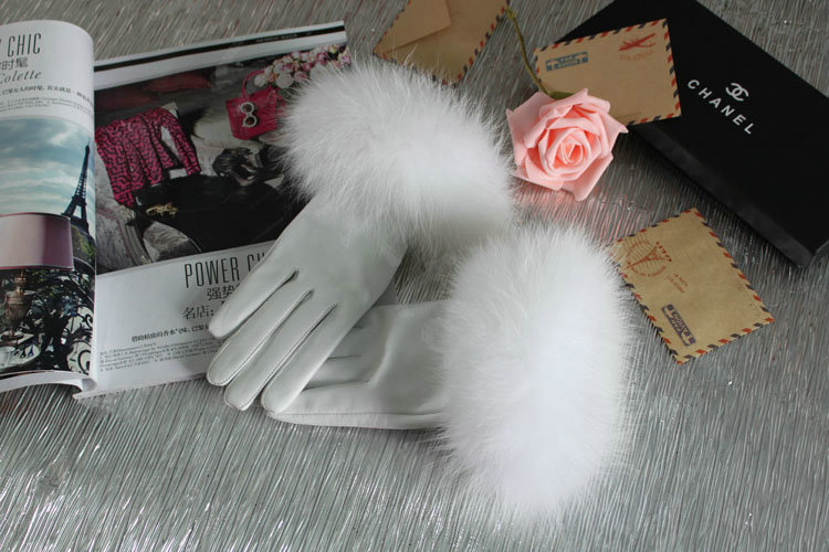 Fashion women winter warm thick fox fur cuff genuine sheepskin leather Gloves size L - White