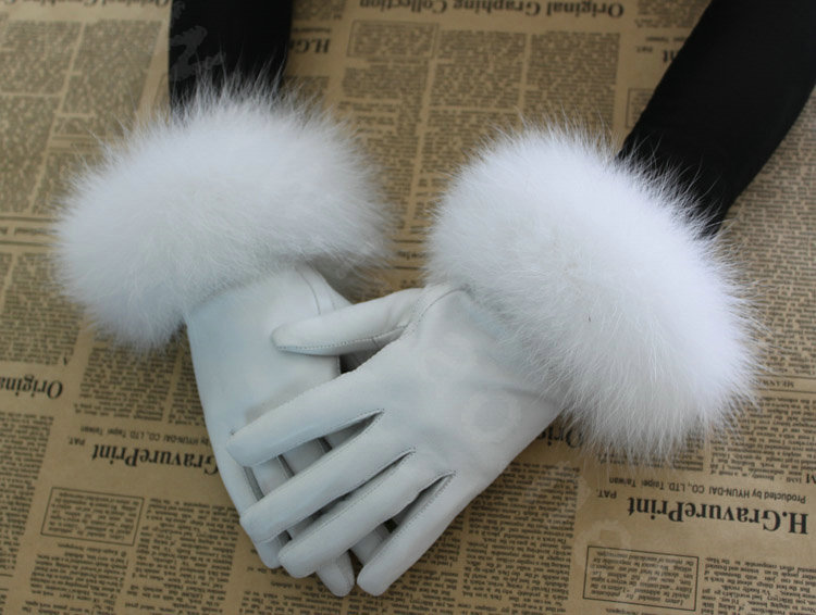 Fashion women winter warm thick fox fur cuff genuine sheepskin leather Gloves size L - White