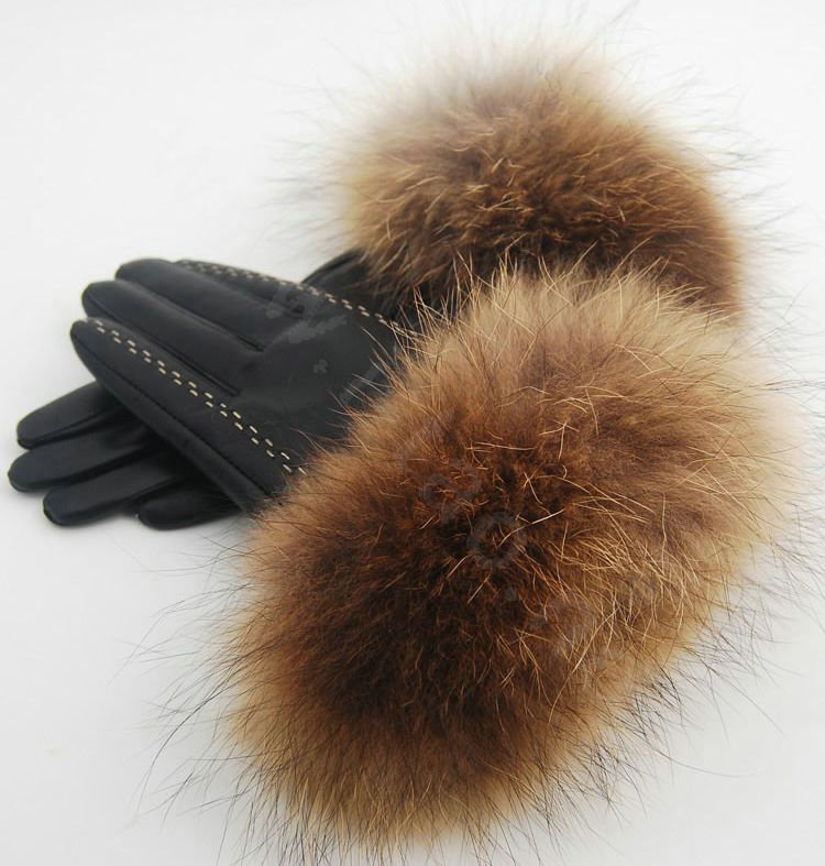Fashion women winter warm thick raccoon fur cuff genuine sheepskin leather Gloves size L - Black