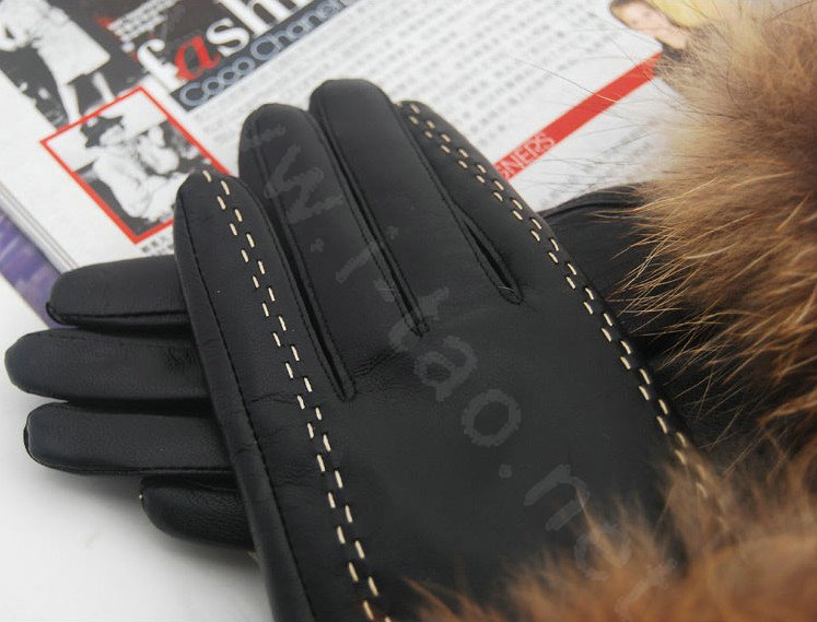 Fashion women winter warm thick raccoon fur cuff genuine sheepskin leather Gloves size L - Black
