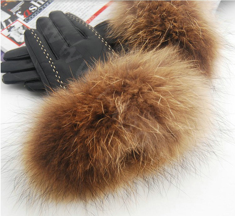 Fashion women winter warm thick raccoon fur cuff genuine sheepskin leather Gloves size L - Black