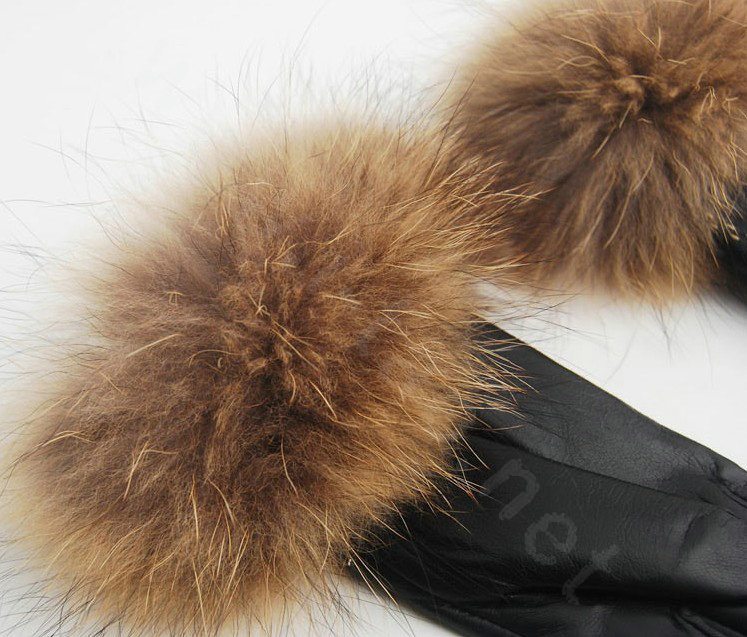Fashion women winter warm thick raccoon fur cuff genuine sheepskin leather Gloves size L - Black