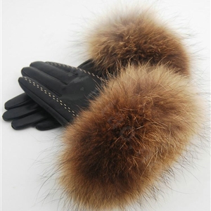 Fashion women winter warm thick raccoon fur cuff genuine sheepskin leather Gloves size L - Black