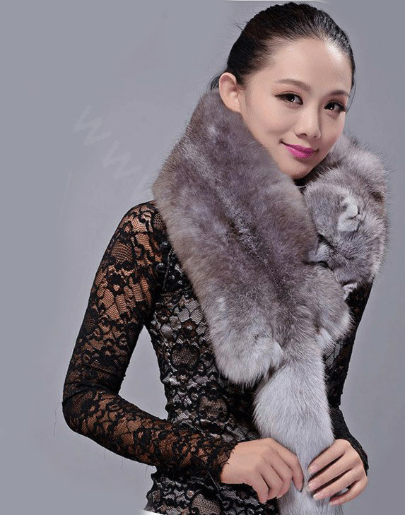 Fox fur scarf fashion Women Whole fox fur shawl winter warm tippet neck wrap - Dark gray