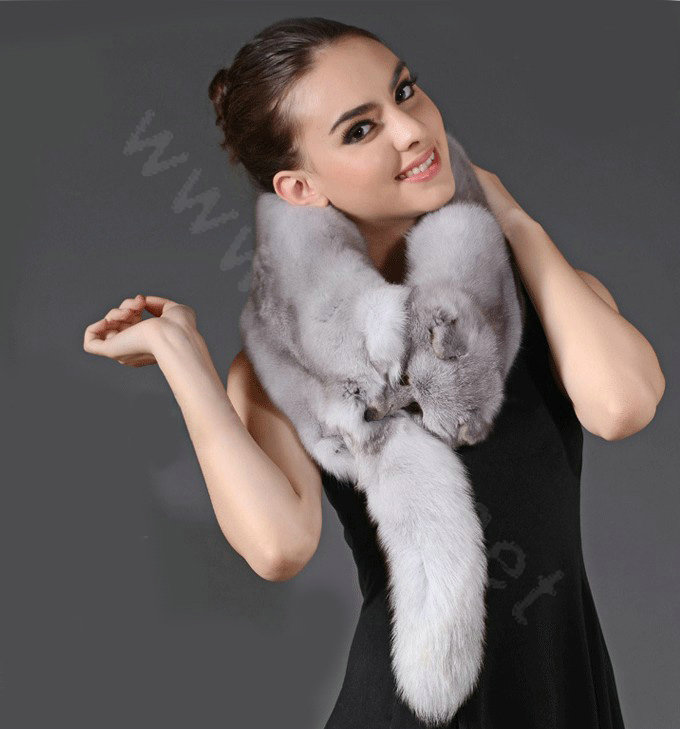 Fox fur scarf fashion Women Whole fox fur shawl winter warm tippet neck wrap - Light gray