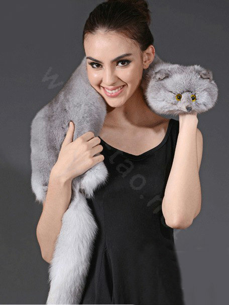 Fox fur scarf fashion Women Whole fox fur shawl winter warm tippet neck wrap - Light gray