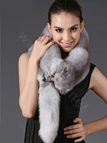 Fox fur scarf fashion Women Whole fox fur shawl winter warm tippet neck wrap - Light gray