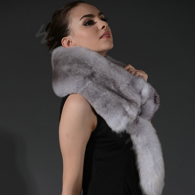Fox fur scarf fashion Women Whole fox fur shawl winter warm tippet neck wrap - Light gray