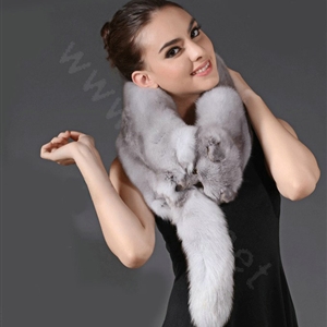 Fox fur scarf fashion Women Whole fox fur shawl winter warm tippet neck wrap - Light gray