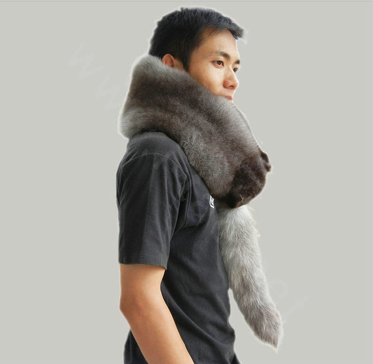 Fox fur scarf fashion men Whole fox fur shawl winter warm tippet neck wrap - Dark grey