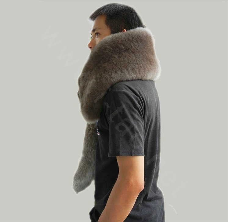 Fox fur scarf fashion men Whole fox fur shawl winter warm tippet neck wrap - Dark grey