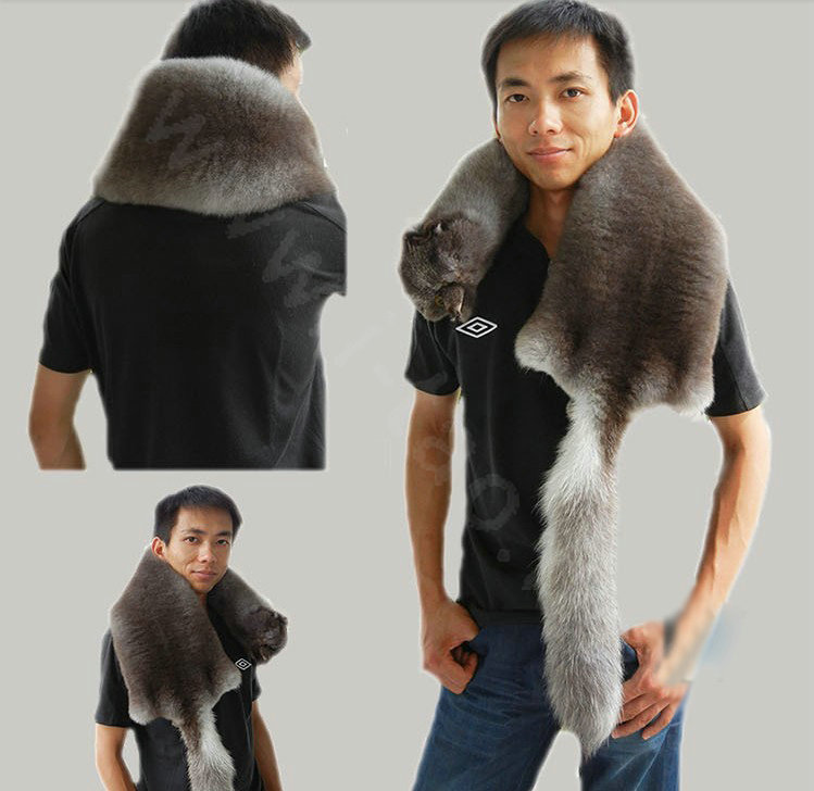 Fox fur scarf fashion men Whole fox fur shawl winter warm tippet neck wrap - Dark grey