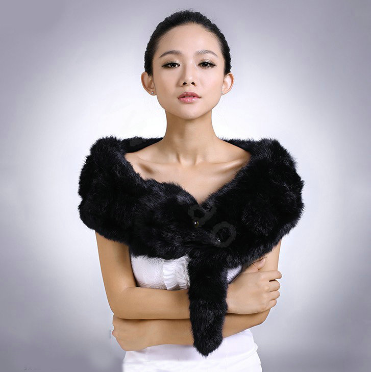 Genuine Knitted Rabbit fur scarf shawl fox head women winter warm tippet neck wrap - Black