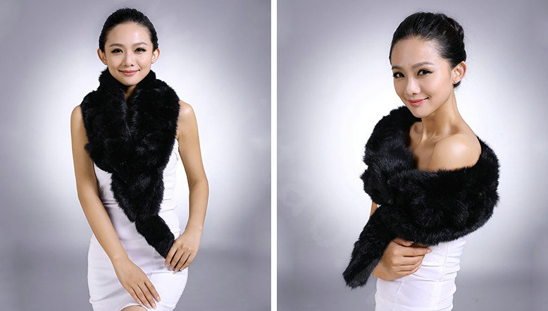 Genuine Knitted Rabbit fur scarf shawl fox head women winter warm tippet neck wrap - Black