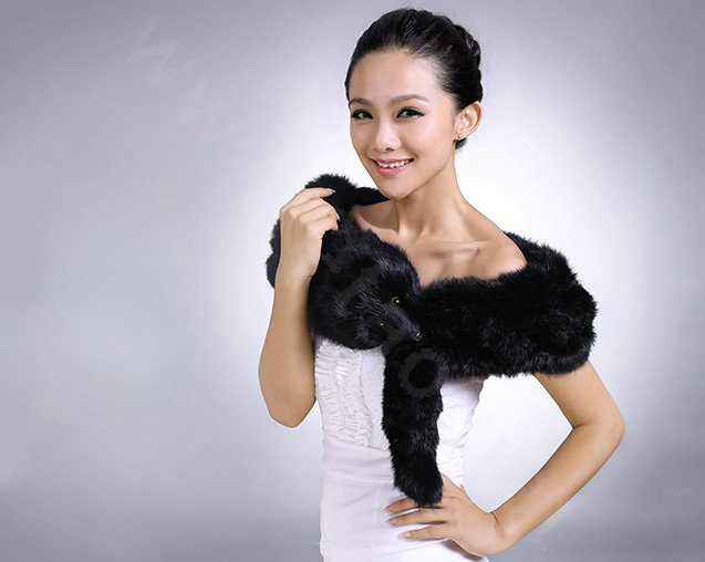 Genuine Knitted Rabbit fur scarf shawl fox head women winter warm tippet neck wrap - Black