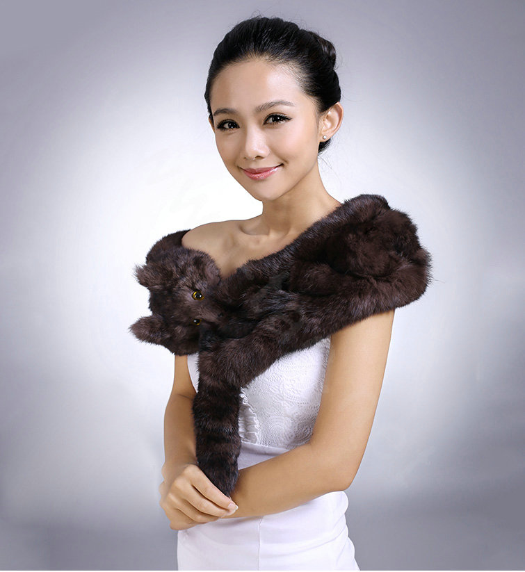 Genuine Knitted Rabbit fur scarf shawl fox head women winter warm tippet neck wrap - Brown