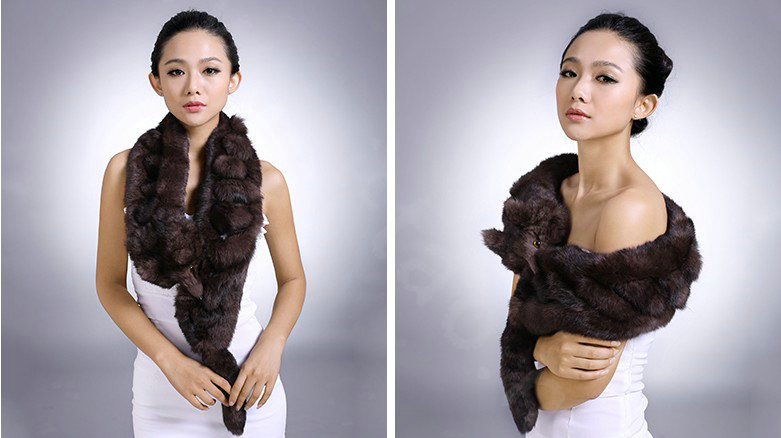 Genuine Knitted Rabbit fur scarf shawl fox head women winter warm tippet neck wrap - Brown