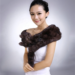 Genuine Knitted Rabbit fur scarf shawl fox head women winter warm tippet neck wrap - Brown