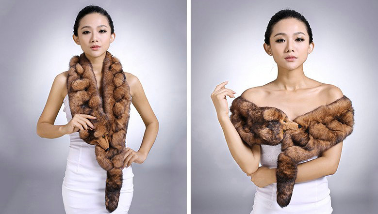 Genuine Knitted Rabbit fur scarf shawl fox head women winter warm tippet neck wrap - Coffee