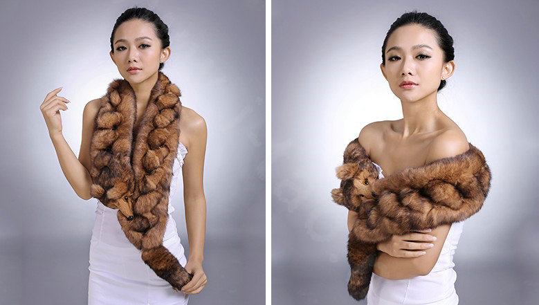 Genuine Knitted Rabbit fur scarf shawl fox head women winter warm tippet neck wrap - Coffee
