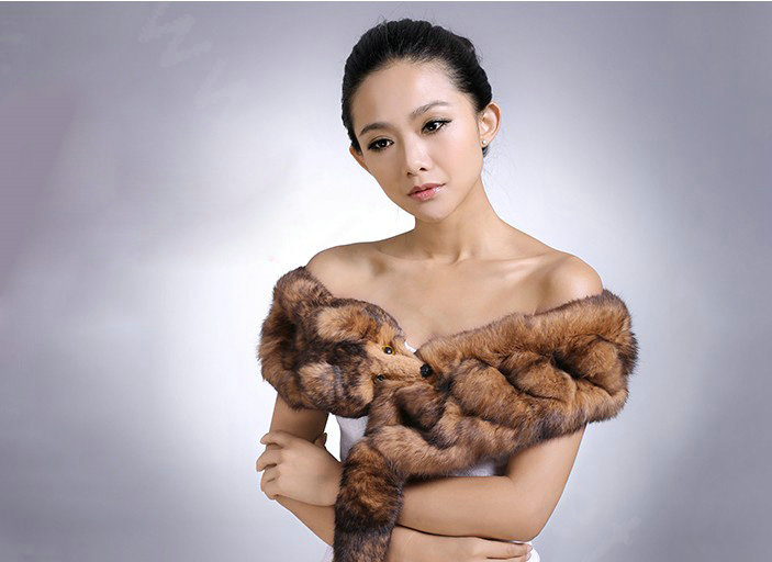 Genuine Knitted Rabbit fur scarf shawl fox head women winter warm tippet neck wrap - Coffee