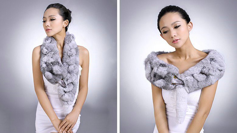 Genuine Knitted Rabbit fur scarf shawl fox head women winter warm tippet neck wrap - Grey