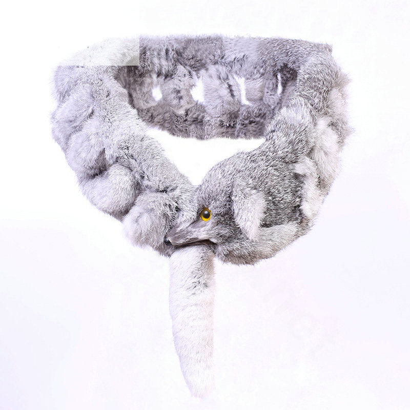 Genuine Knitted Rabbit fur scarf shawl fox head women winter warm tippet neck wrap - Grey
