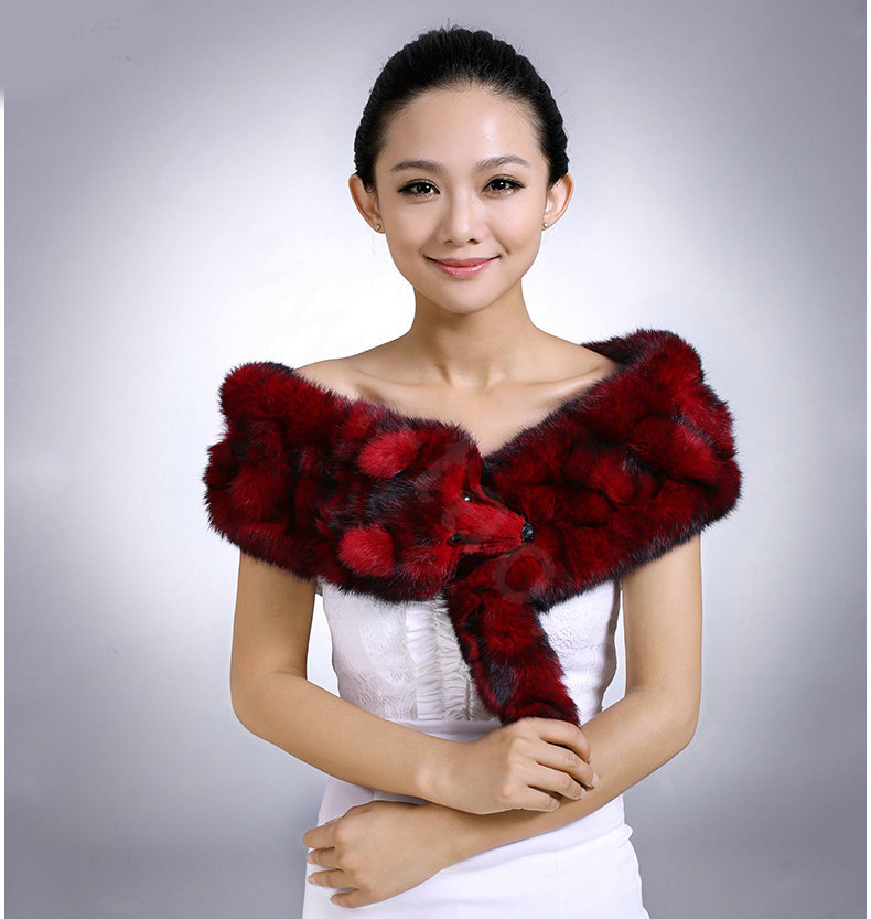 Genuine Knitted Rabbit fur scarf shawl fox head women winter warm tippet neck wrap - Red