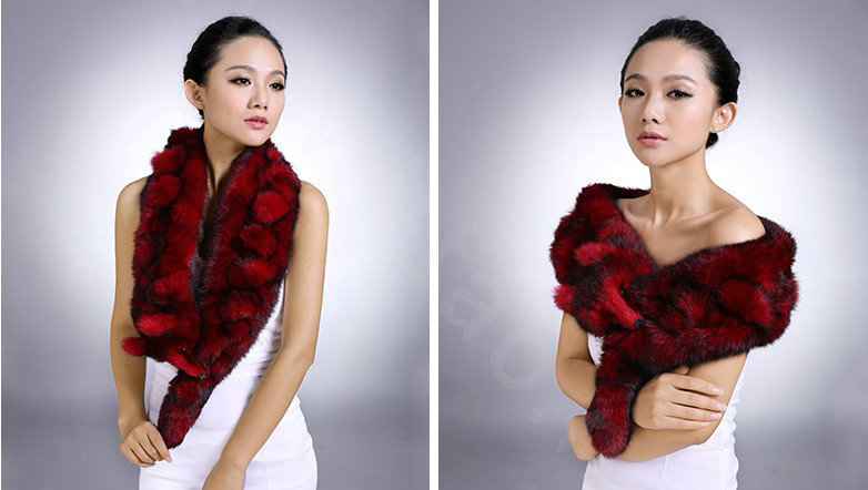Genuine Knitted Rabbit fur scarf shawl fox head women winter warm tippet neck wrap - Red