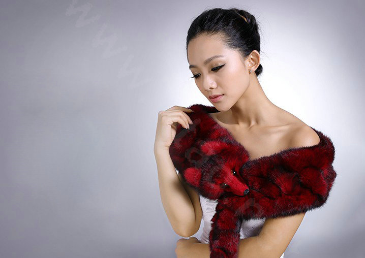 Genuine Knitted Rabbit fur scarf shawl fox head women winter warm tippet neck wrap - Red