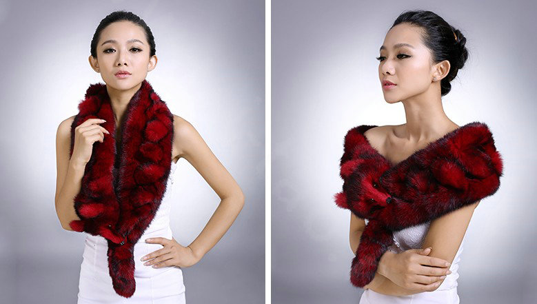 Genuine Knitted Rabbit fur scarf shawl fox head women winter warm tippet neck wrap - Red