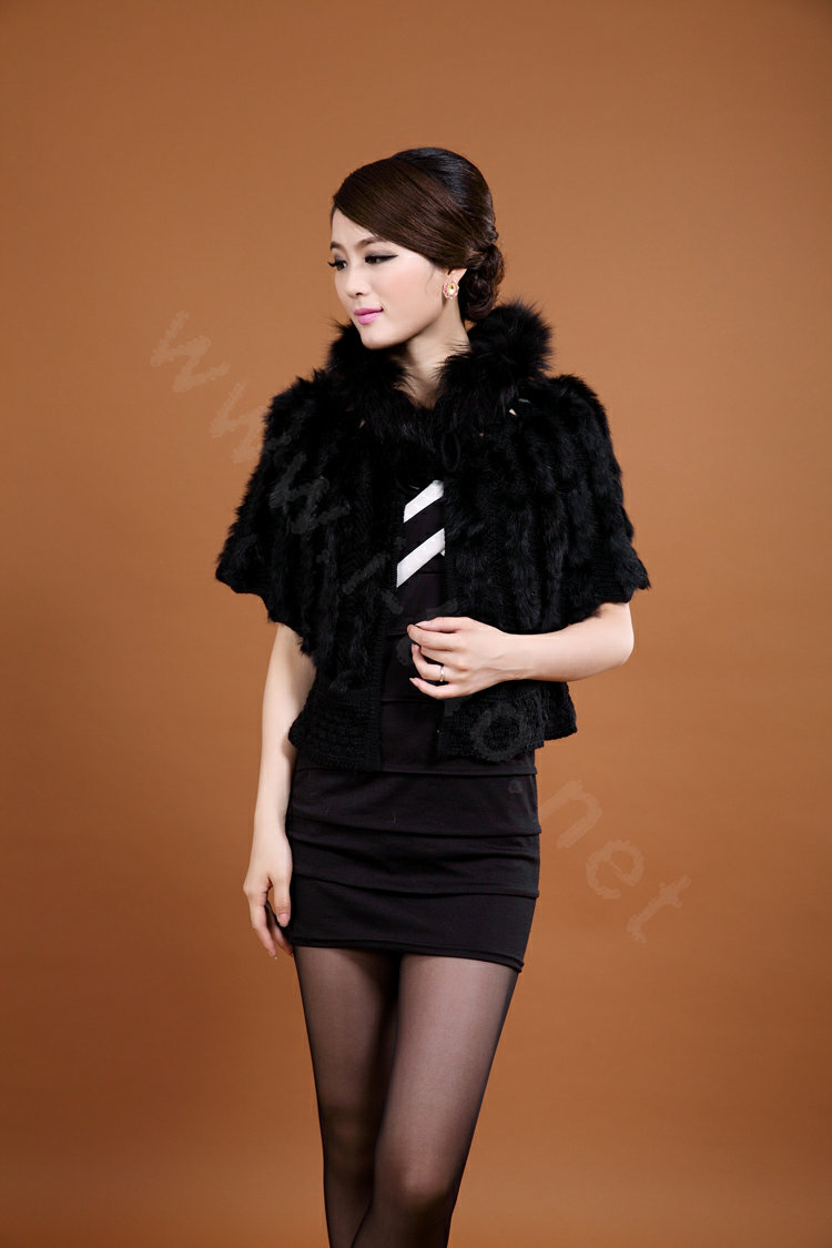 Genuine Knitted Rabbit fur shawl wrap cape fashion women winter warm tippet Poncho - Black