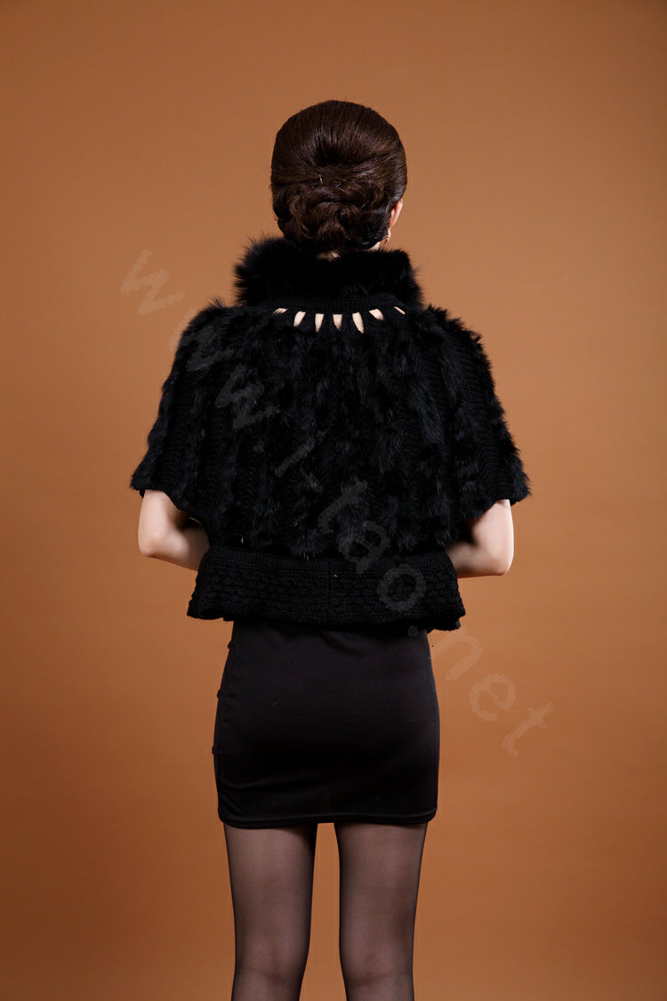Genuine Knitted Rabbit fur shawl wrap cape fashion women winter warm tippet Poncho - Black