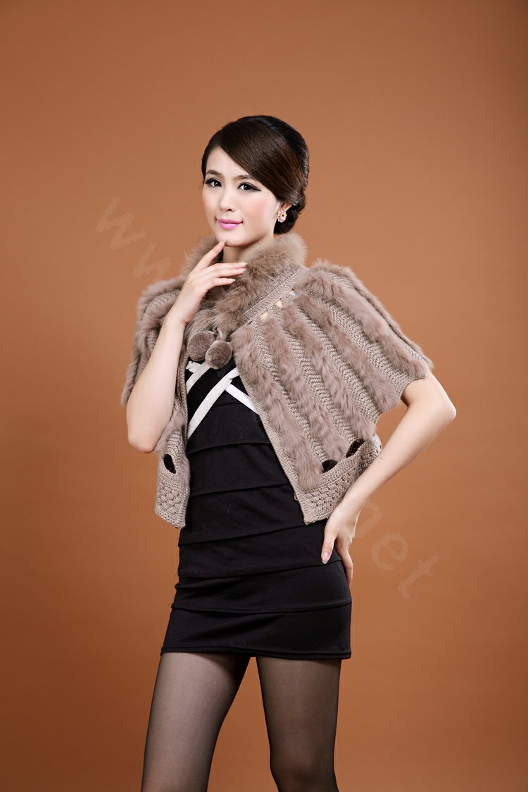 Genuine Knitted Rabbit fur shawl wrap cape fashion women winter warm tippet Poncho - Khaki