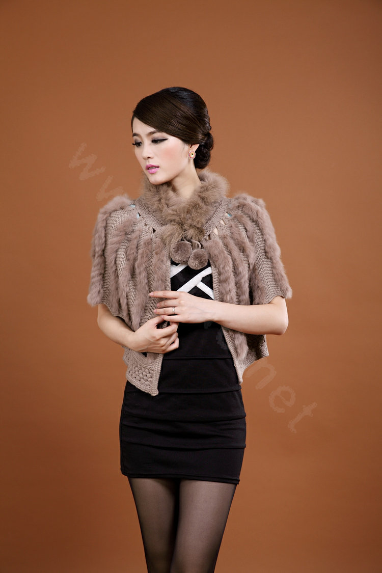 Genuine Knitted Rabbit fur shawl wrap cape fashion women winter warm tippet Poncho - Khaki