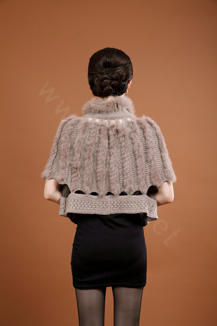 Genuine Knitted Rabbit fur shawl wrap cape fashion women winter warm tippet Poncho - Khaki