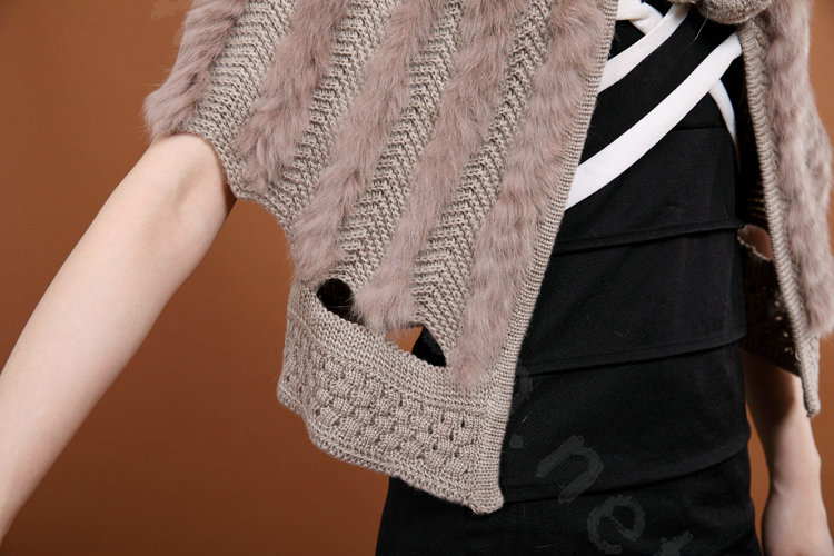 Genuine Knitted Rabbit fur shawl wrap cape fashion women winter warm tippet Poncho - Khaki