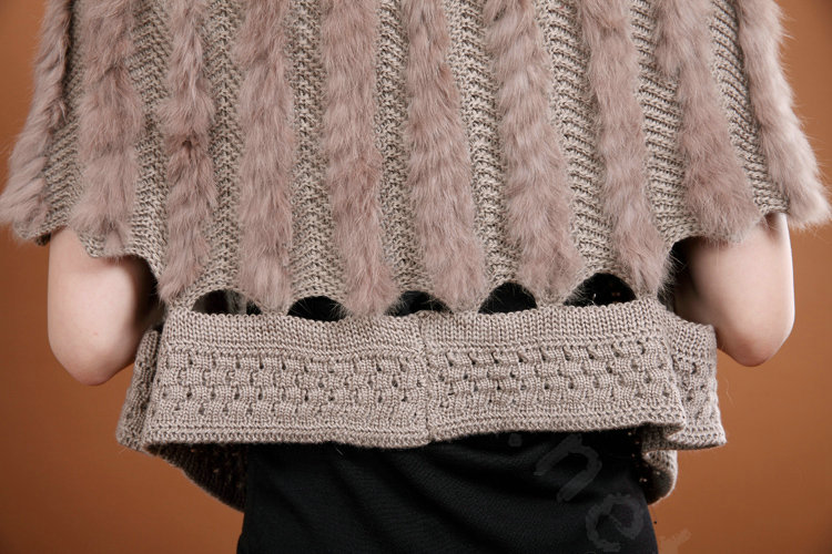 Genuine Knitted Rabbit fur shawl wrap cape fashion women winter warm tippet Poncho - Khaki
