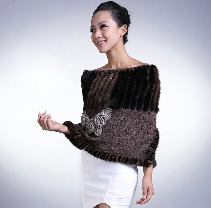 Genuine knitted thicken flower mink fur scarf shawl women winter warm tippet neck wrap - Coffee