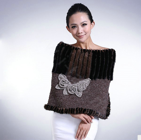 Genuine knitted thicken flower mink fur scarf shawl women winter warm tippet neck wrap - Coffee