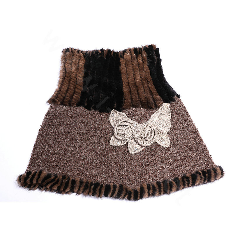 Genuine knitted thicken flower mink fur scarf shawl women winter warm tippet neck wrap - Coffee