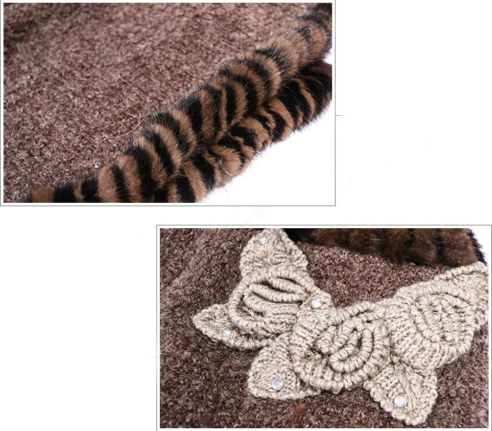 Genuine knitted thicken flower mink fur scarf shawl women winter warm tippet neck wrap - Coffee