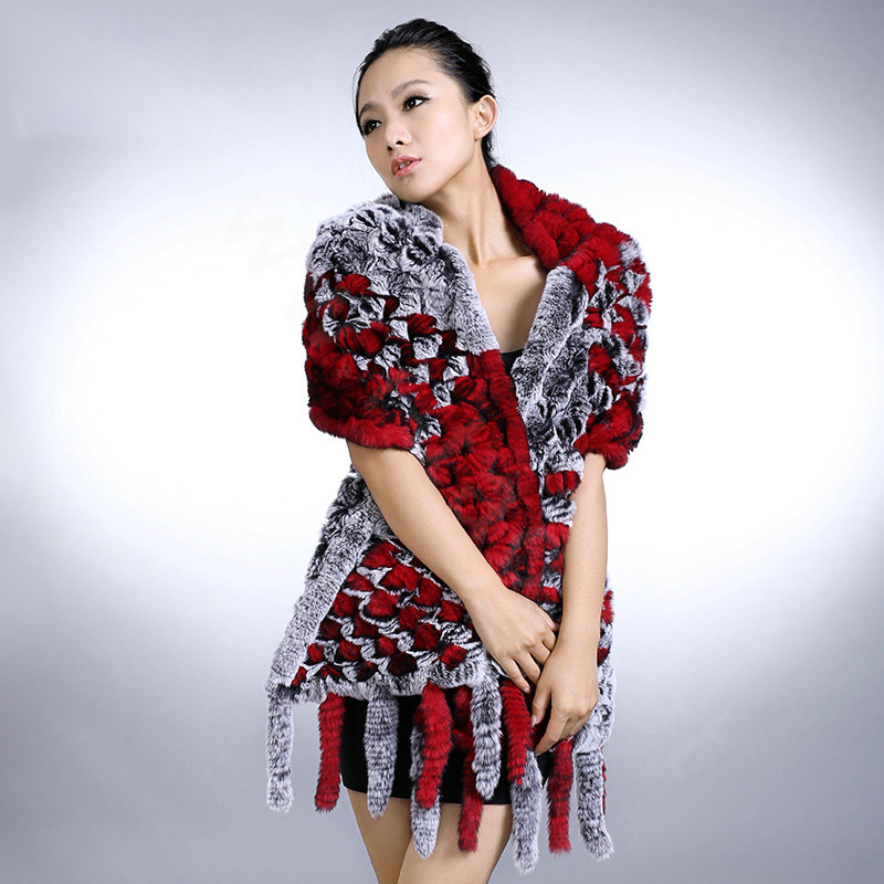 Genuine knitted thicken long Rex rabbit fur scarf shawl women winter warm tippet cape - Red